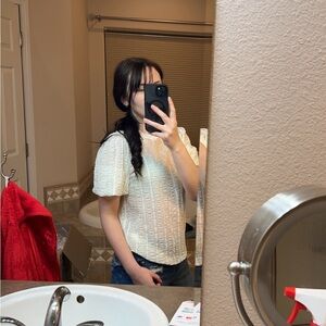 Chic Cream Textured/Lace-like Sheer Blouse